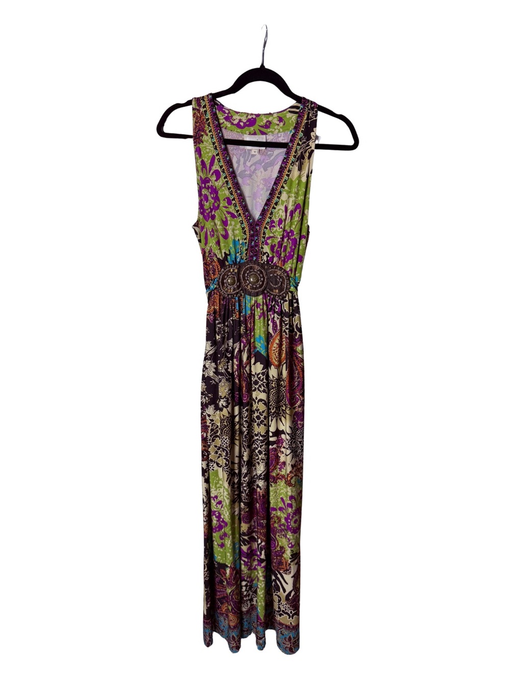 Vintage Sleeveless Floral Boho Maxi Dress with Beaded Waist - Green & Purple